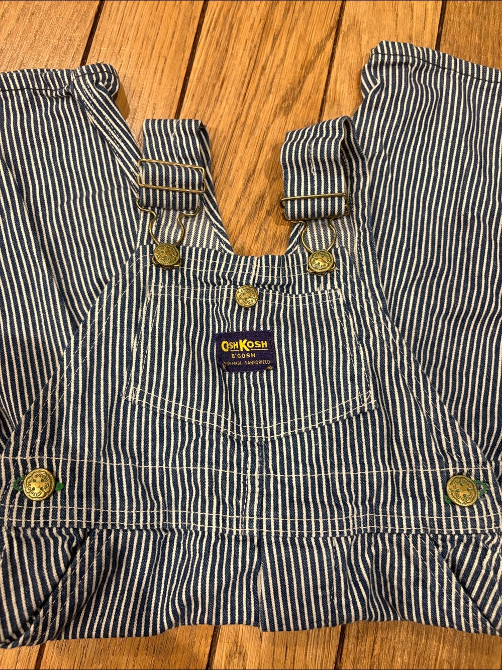 Vintage Union Made OshKosh Striped Overalls green detail view measurements